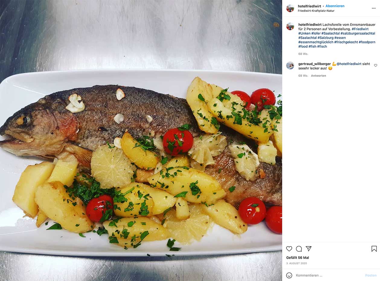 Instagram-Post Hotel Friedlwirt Fischgericht